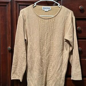 Gold lightweight sweater with cable knit front design by Joan Leslie